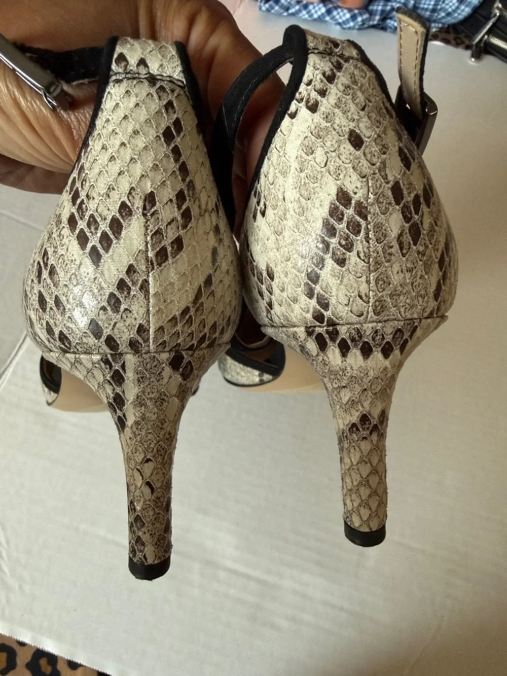 Franco Sarto Black T-Strap Snake-Print Pointed Heels - Picture 7 of 8